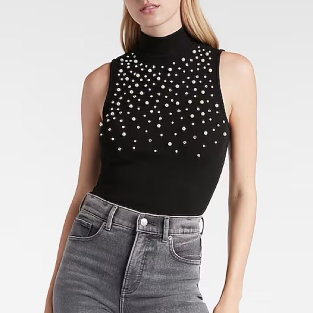 Fitted Embellished Mock Neck Tank